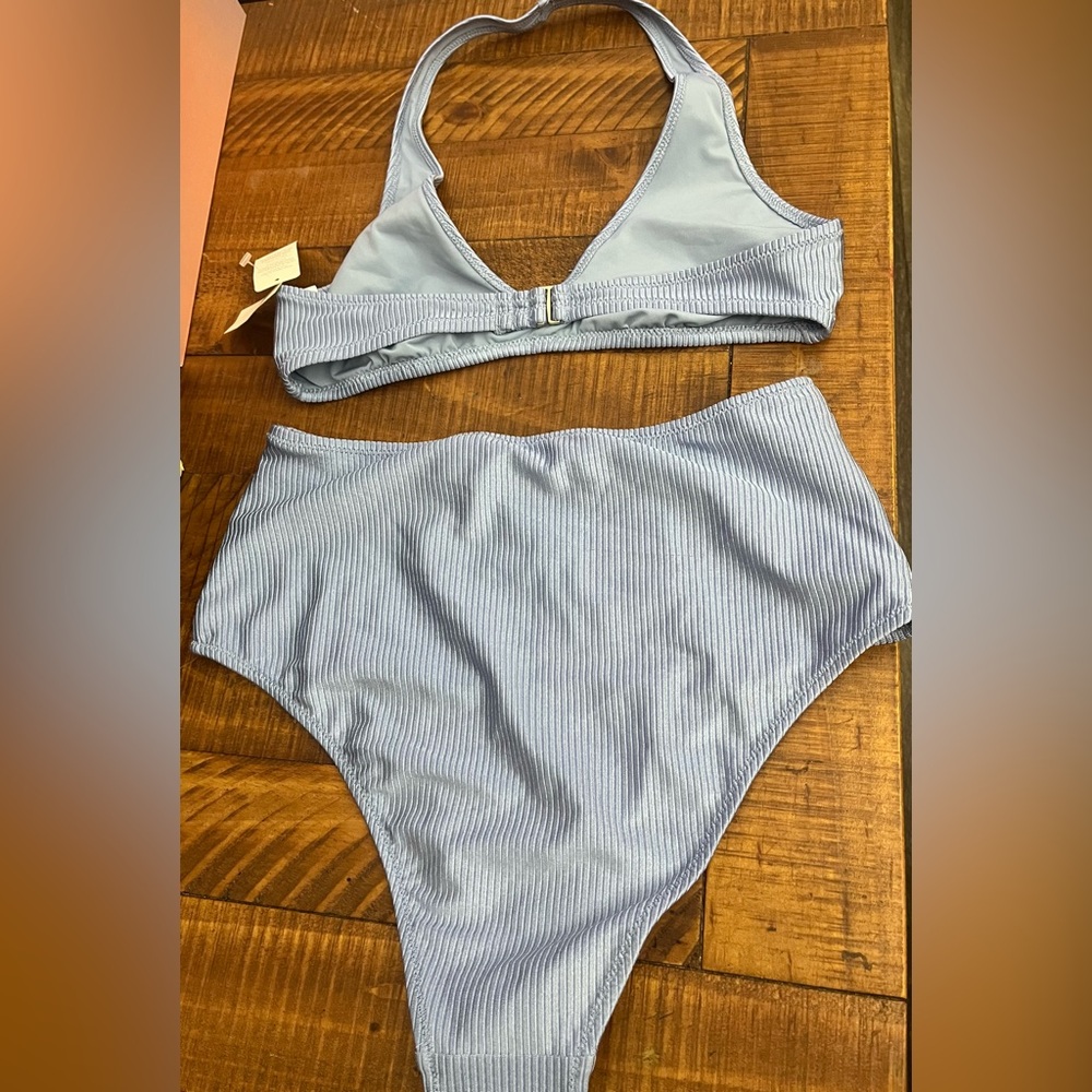 NWT Aerie FULL SET Shine Rib Halter Top + High Waisted Cheeky Bottom in Blue - M - Picture 3 of 4
